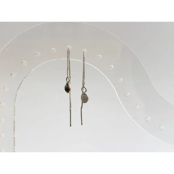 Teardrop Shaped Smoke Glass Threader Style Sterling Silver 925 Dangle Earrings - Picture 2 of 9